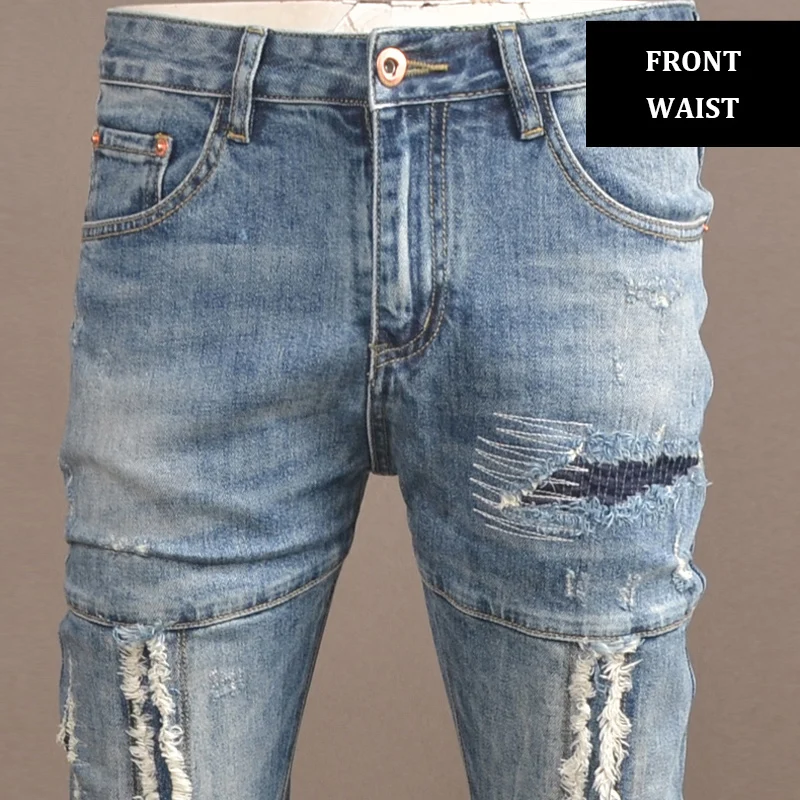 Streetwear Fashion Men Jeans Retro Blue Elastic Slim Fit Ripped Biker Jeans Homme Spliced Designer Patch Hip Hop Denim Pants Men