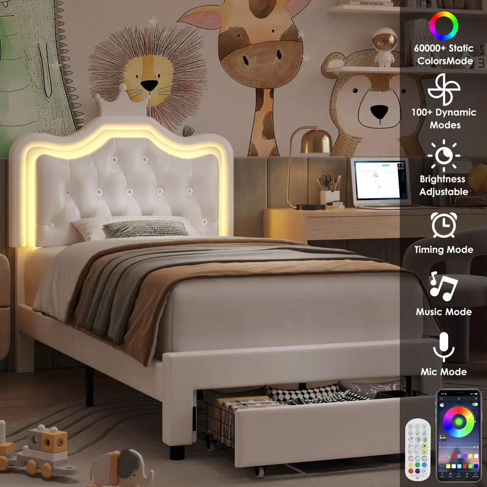 Twin Size LED Upholstered Bed Adjustable Headboard with Storage Drawer Music-Activated Crystal Button Tufted Platform Bed Kids 6
