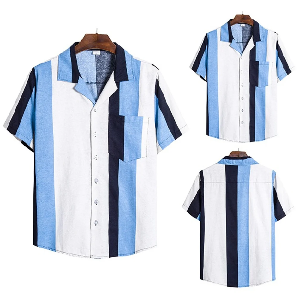 

Cotton Linen Men's Short-Sleeved Shirts Summer Striped Turn-down collar Casual Beach Style Regular Fit Tops Mens Clothes 2023