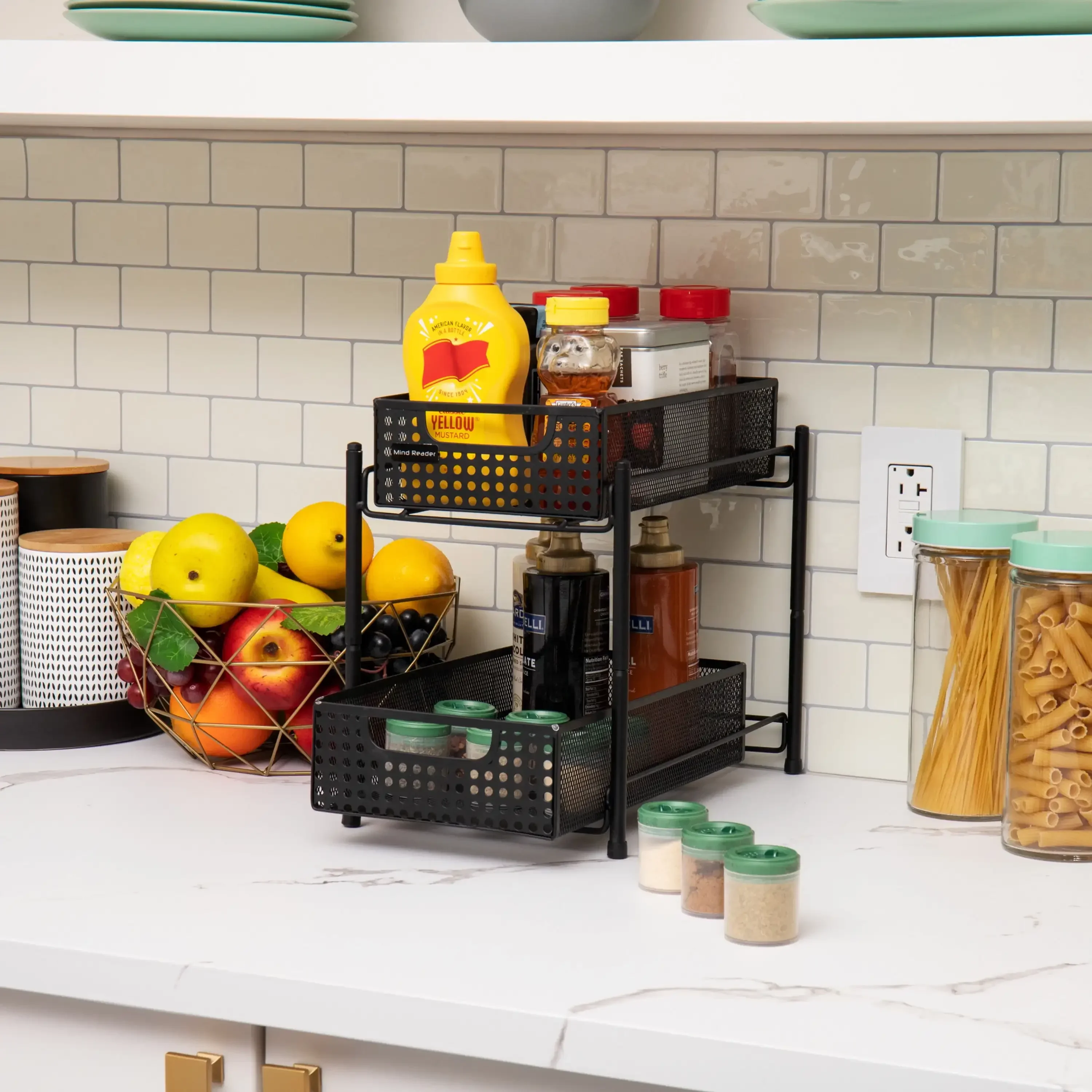 

2-Tier Metal Mesh Heavy Duty Organizer Slide Out Basket Drawer for Kitchen, Bathroom, Office Desk, Black, Kitchen Organizer