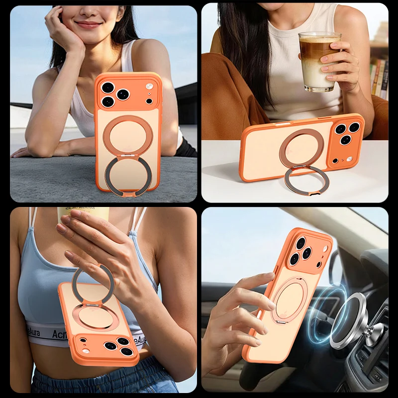 360° Rotating Magnetic Stand Case with Stress Relief Ring and Full Lens Cover