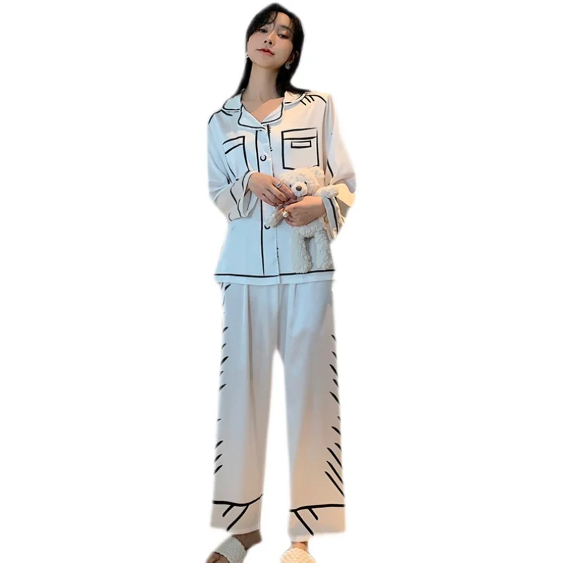 Ice Silk Sleepwear For Women Spring Summer Chic Long Sleeve Pajamas Set Lady Homewear Clothing Set Nightwear