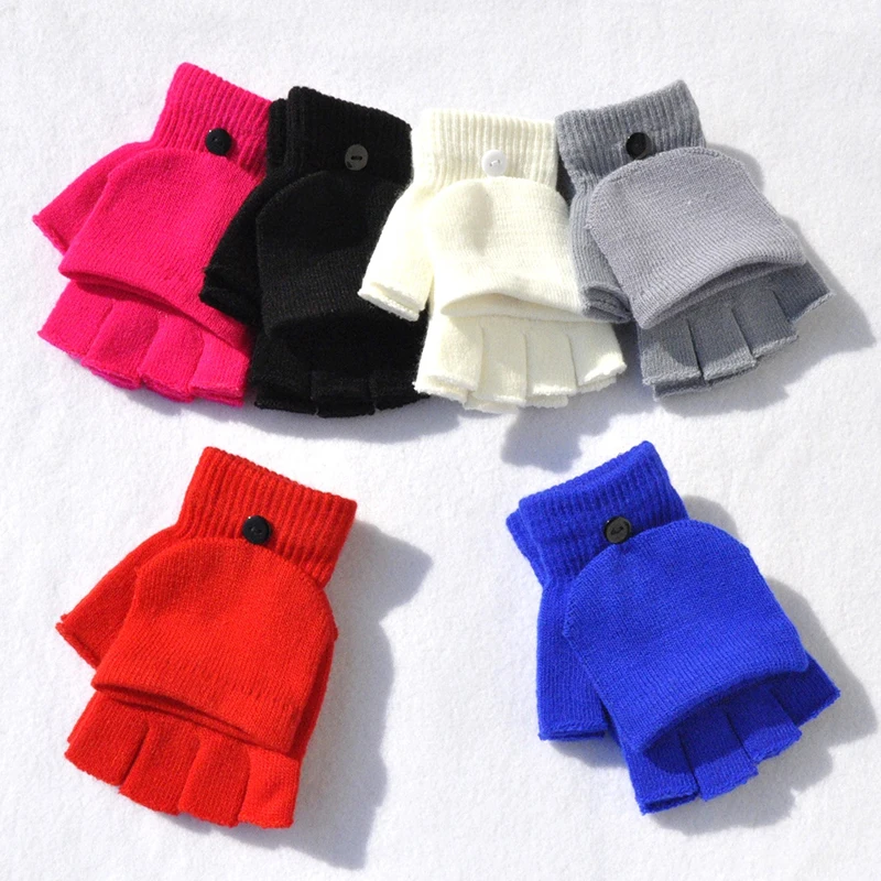 Knitted Flip Cover Gloves Winter Women Men Kids Solid Warmer Gloves Half Finger Girl Mittens Female Lady Cycling Gloves New