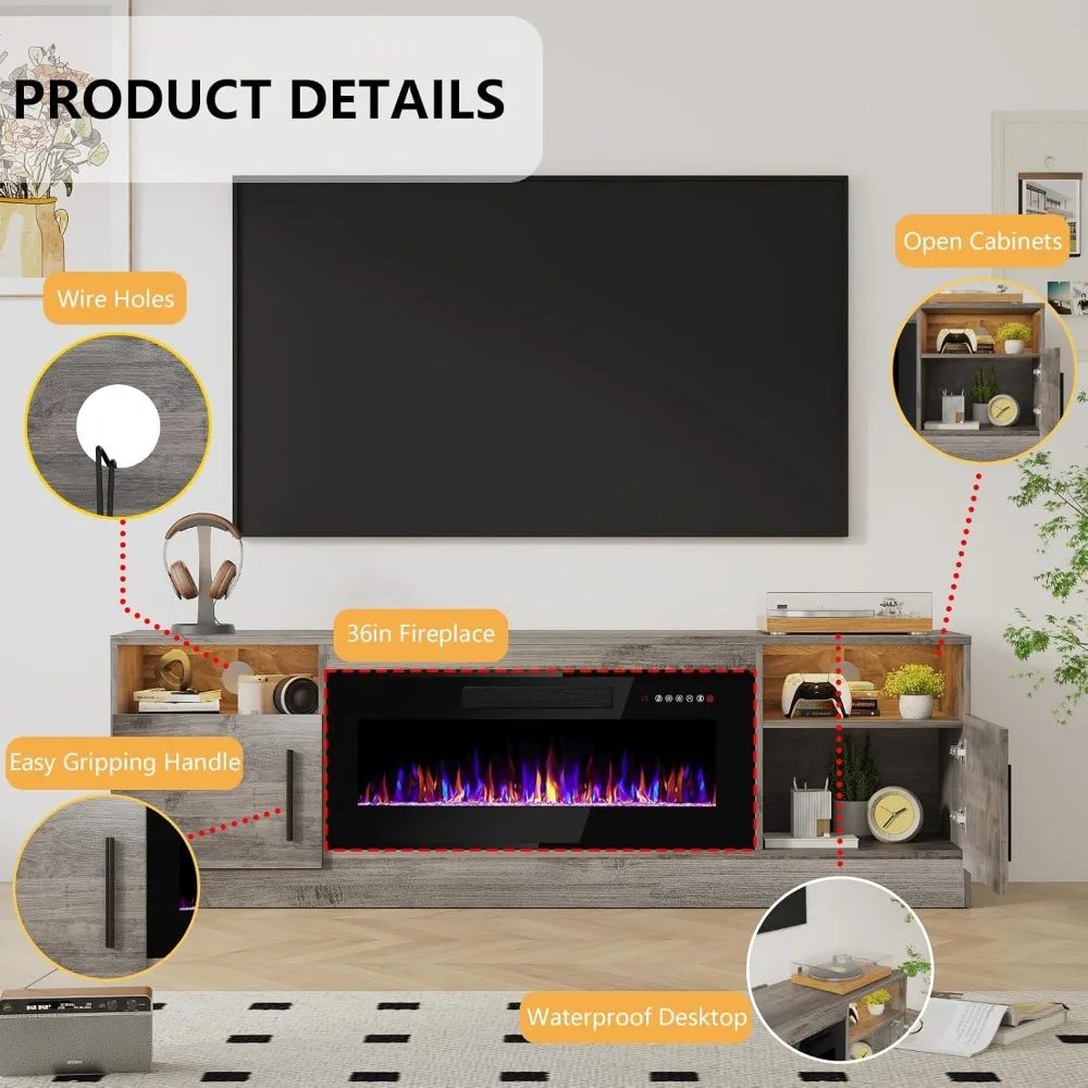 70" Entertainment Center with LED Lights,Remote Control,TV Media Console,Fireplace TV Stand with 36" Fireplace Up to 80" TVs 6