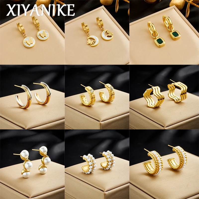 XIYANIKE 316L Stainless Steel Pearl Zircon C Shaped Gold Color Vintage Geometric Earrings For Women New Trends Jewelry Серьги
