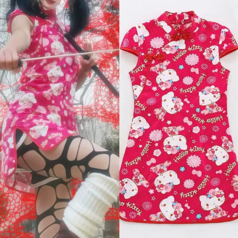 

Женское летнее платье Hello Kitty Y2K, китайское платье-Ципао в стиле Харадзюку, милое повседневное дышащее ТРАПЕЦИЕВИДНОЕ ПЛАТЬЕ в японском стиле, 2024
