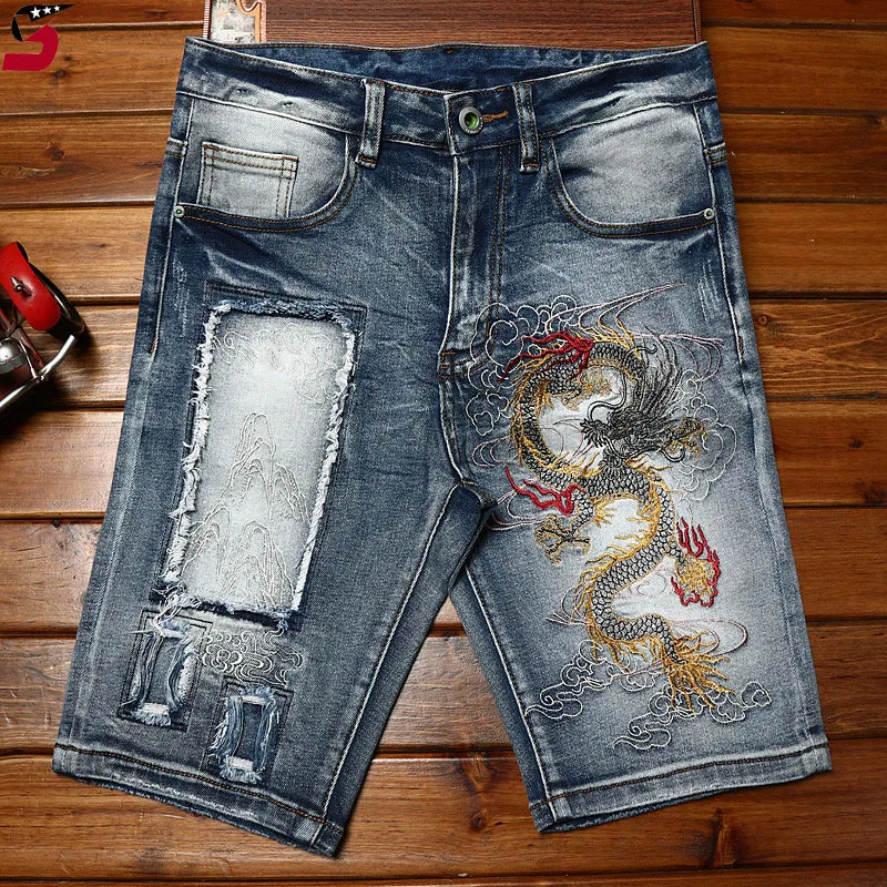 

Chinese Style Embroidery Denim Shorts Men's Street Fashion and Handsome Trendy Retro High-End Stretch Slim-Fitting Biker Shorts