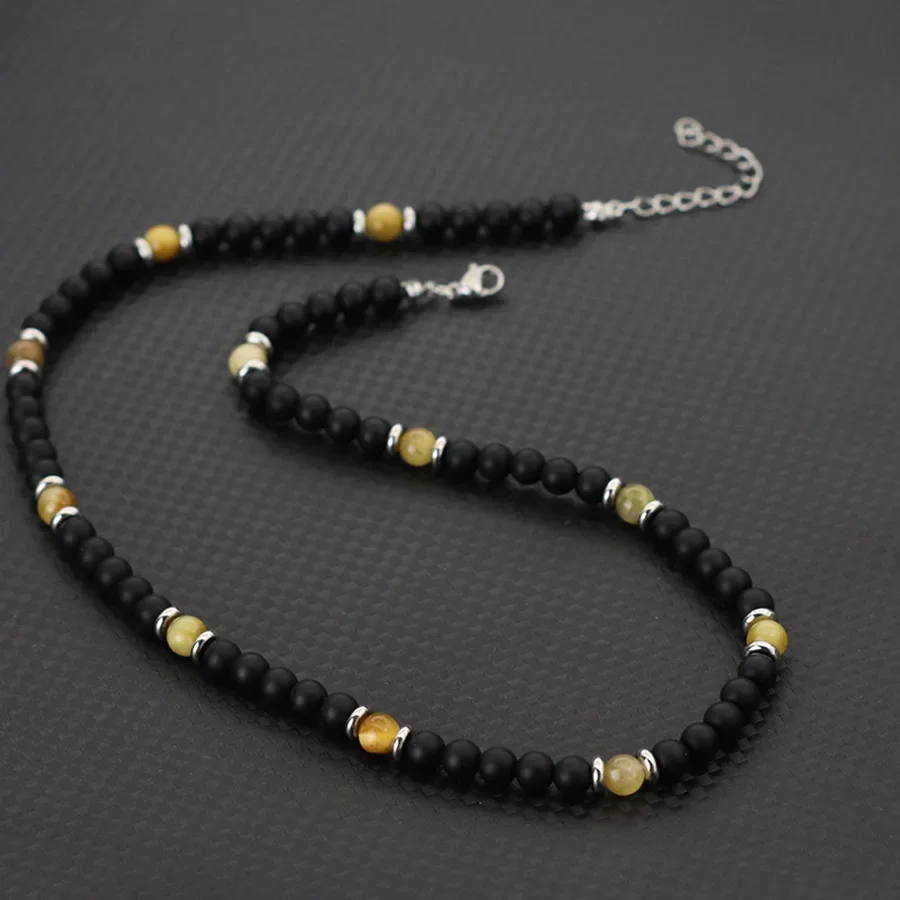 Klassische Naturstein-Halskette für Männer, hochwertiger Onyx, Tigeraugen, Lava, Howlith, Perlen, 19 Zoll, kurzer Kragen, lässiger Homme-Schmuck