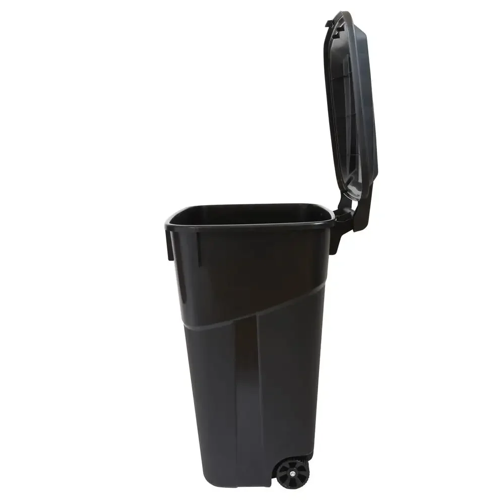 32 Gallon Heavy Duty Wheeled Plastic Garbage Can Attached Lid Black Transport Waste Indoor Outdoor Household Commercial Smooth 3