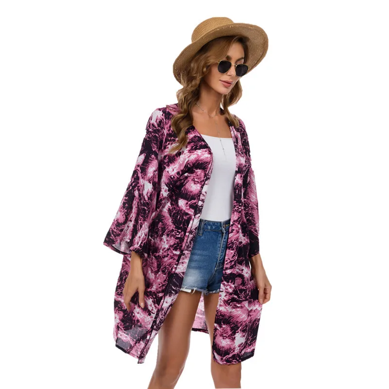 

Leopard Print Beach Skirt Sunscreen Shirt Women's Beach Blouse Printed Chiffon Cardigan Lady Seaside Holiday Fashion Leisure P2
