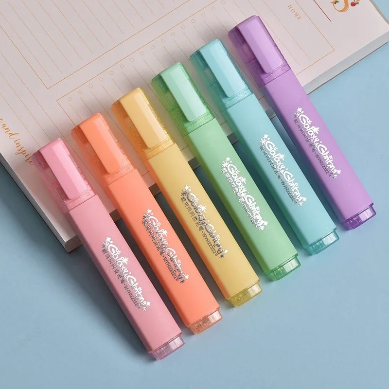 6 Colors/box Fine Glitter Highlighter Pen Set Fluorescent Markers Highlighters Pens Art Marker Japanese Cute Kawaii Stationery