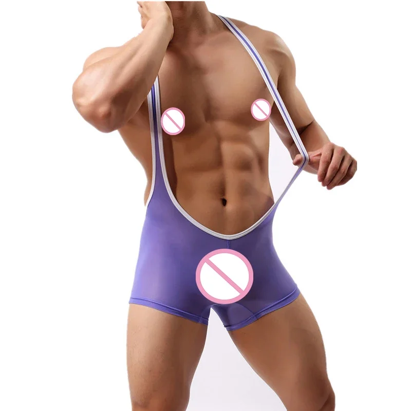 Mens Undershirts Sexy Underwear Homme Bodysuit See Through Jumpsuit Wrestling Singlet One-Piece Leotard Penis Pouch Boxer Shorts