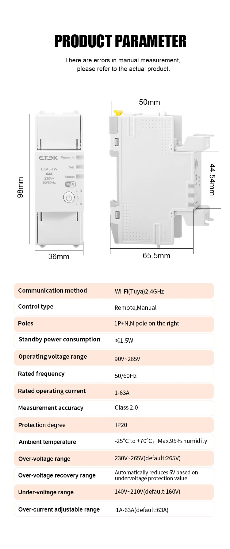 DIN Rail Solar System /EV Charger TUYA Smart Relay Relay 63A controls adjustable