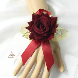 Elegant Red Rose Wrist Corsage Floral Accessory for Weddings and Special Events (Burgundy)