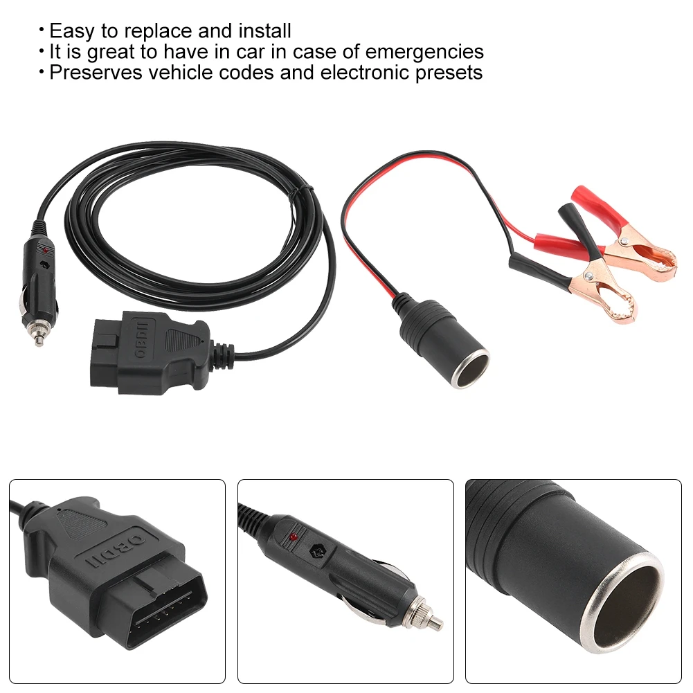 OBD II 차량 ECU 비상 전원 공급 케이블, 클립 포함 메모리 세이버, 12V