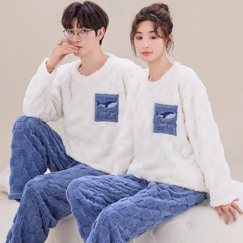 

Couples Nightgown Thick Coral Fleece Men's Tops + Pants 2pcs Animal Cartoon Pajamas Women Flannel Home Service Lovers Homewear