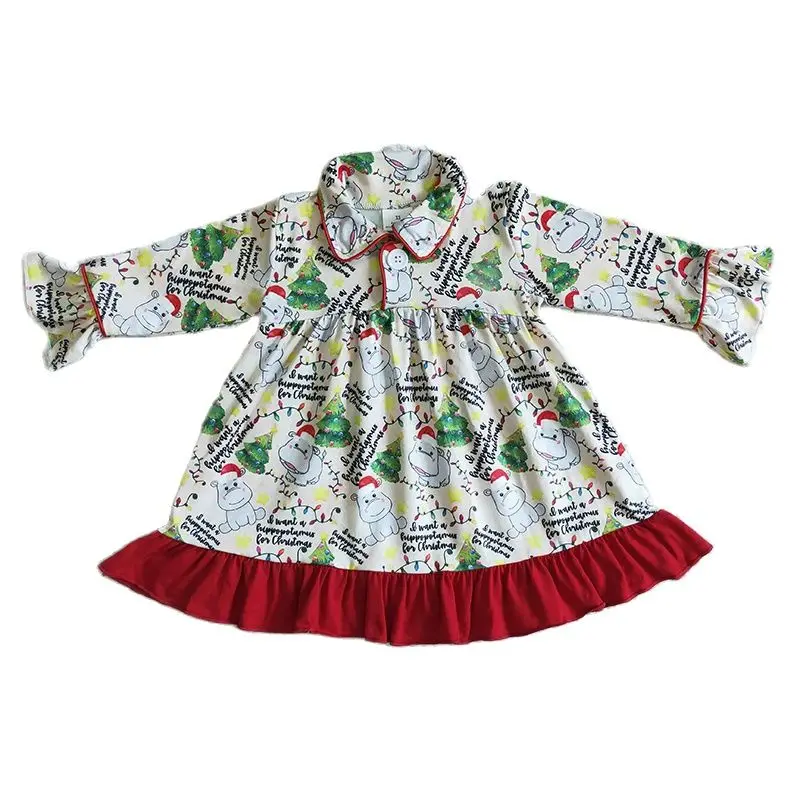 Baby Girl Christmas Nightdress Twirl Dress Ruffle Long Sleeve Hippopotamus Clothing Children Infant Toddler Clothes
