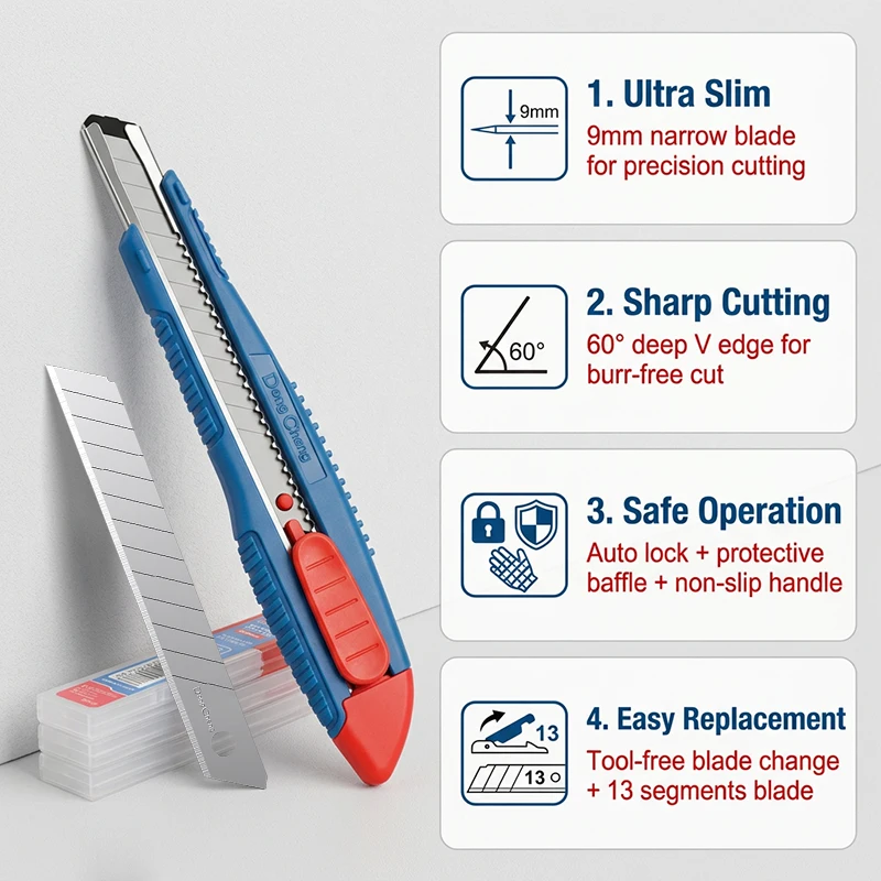 60 °   실버 블레이드 유틸리티 나이프 플라스틱 손잡이 + 10개 9mm 13-세그먼트 CK75 블레이드 종이 카펫 DIY용 날카롭고 내구성 있는 절단 도구