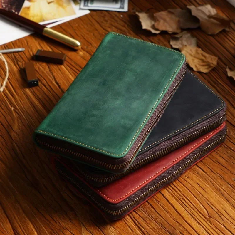 

School Students Bag Zipper Slots Pencil Pouch Cowhide Pen Leather for Capacity Large Men Retro With Case