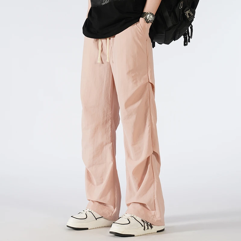 Spring Autumn Solid Color Men's Clothing High Waisted Pockets Shirring Elastic Wide Leg Sweatpants Cargo Trousers Casual Pants