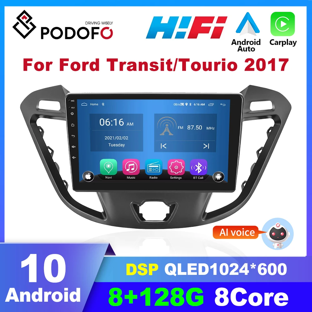

Автомагнитола Podofo, 2 Din, Android, мультимедийный проигрыватель для Ford Transit Tourio 2017 Carplay, Авторадио, видео, GPS-навигация, аудио DSP