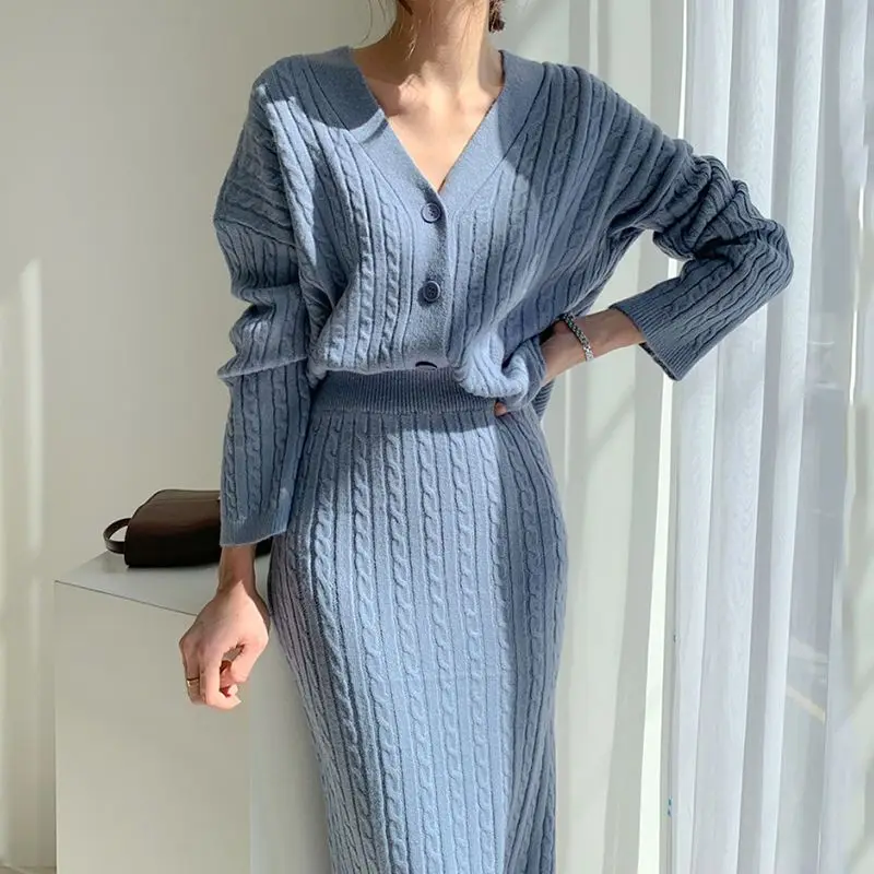 

New Fashion V-neck Single-breasted Twist Sweater+high Waist Skirt Womens Two Peice Sets Autumn Winter Slim Clothes Women V770