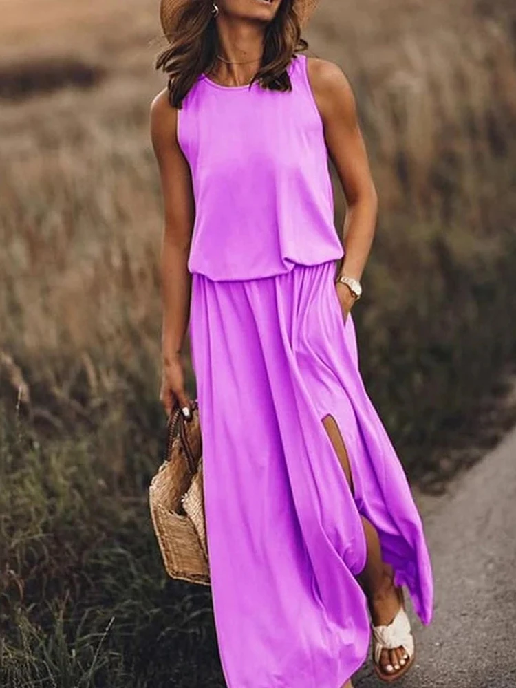 

Women's Summer Floor-length Dress Purple O Neck Sleeveless Holiday Maix Dresses Office Elegant Party Dress for Women Vestido
