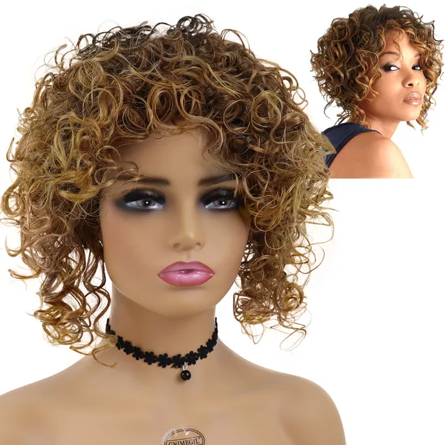 GNIMEGIL Synthetic Female Wig Blonde Natural Short Curly Hair Replacement Wig Mix Color Mommy Wig Cheap Sale Free Part Hairline Ombre Brown