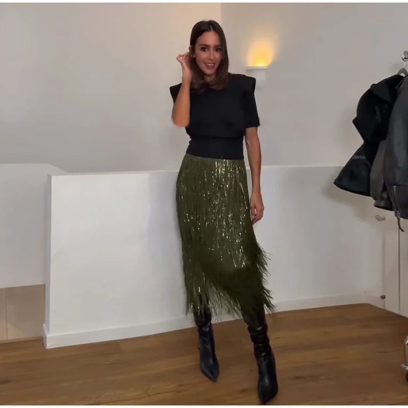 Women's Olive Green Sequin Fringe Midi Skirt Sparkly Tassel Party Skirt for Evening Clubwear 2025 Festival New Sexy Lady Skirts 22 Sfb62b293fc244d9b96bdff9829b69405K