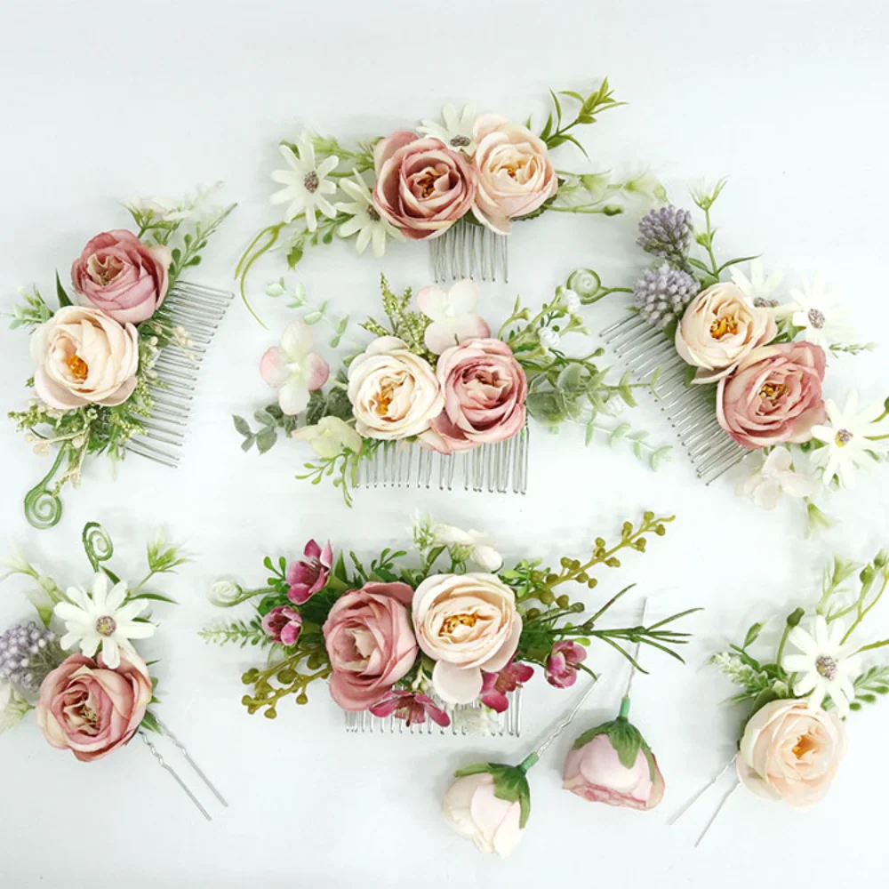 Vintage Pink Silk Rose Bridal Headwear for Wedding Handmade Hair Comb Set Florals Green Leaves Pisn tocado para cabello novia