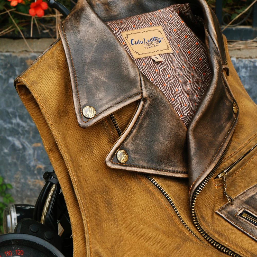 Tailor Brando Authentic! J-151 High Quality Japanese Hyogo Cowhide Stitching 22OZ Oil Qax Canvas Retro Motorcycle Vest 3