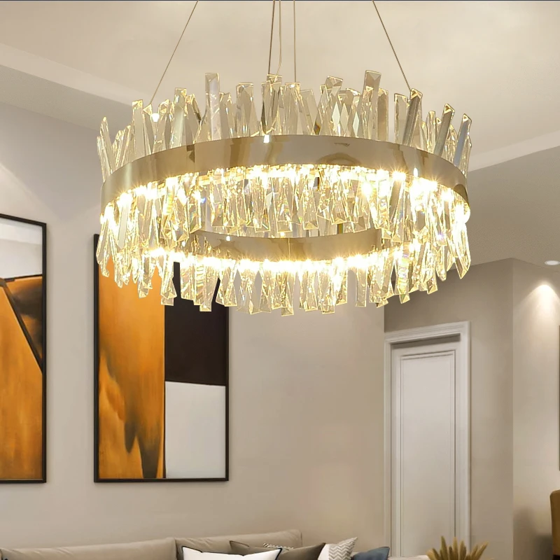 FKL Modern Round Crystal Chandelier For Dining Room Rectangle Design Kitchen Island Lighting Fixtures Chrome LED Cristal Lustre