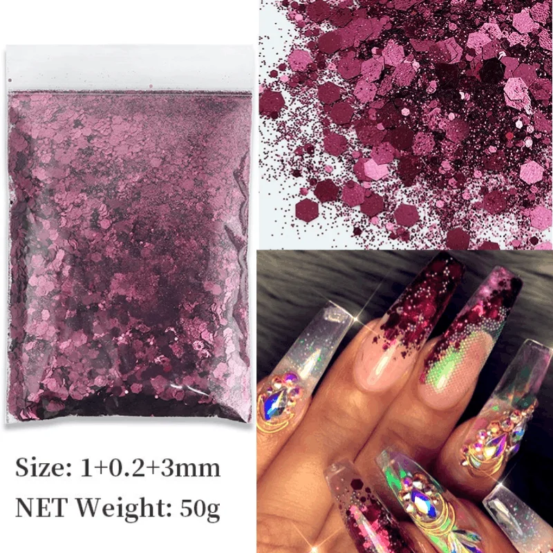 50g Pink Nail Glitter Powder Bulk Solid Color Mix Hexagon Sequins