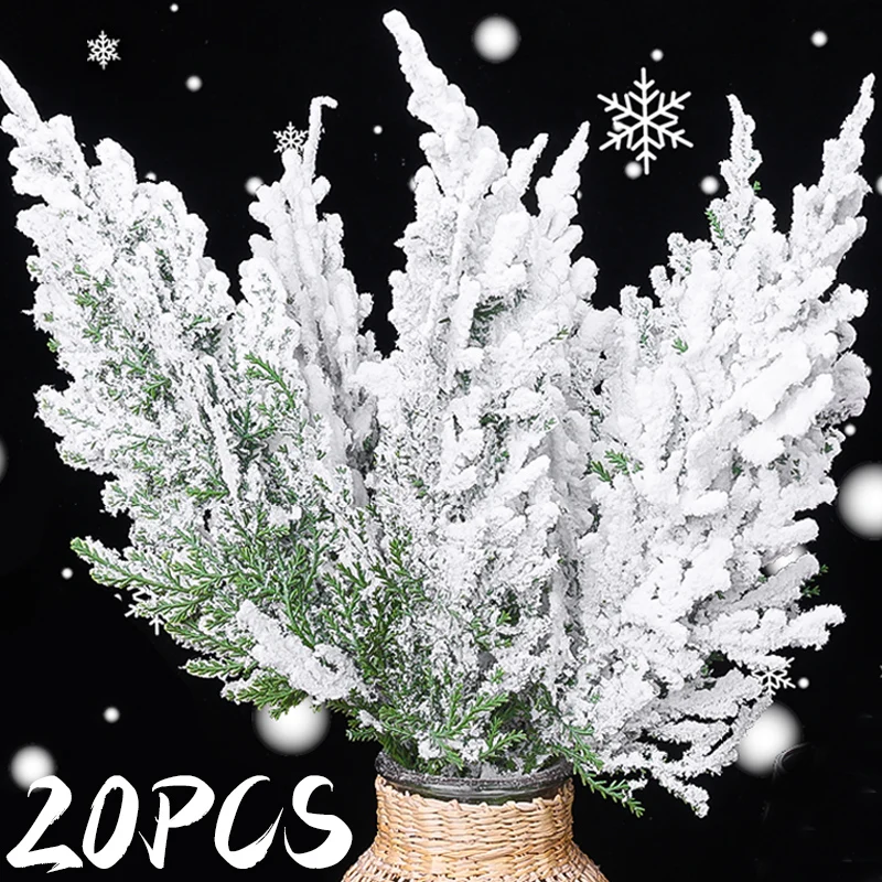 Branches de pin artificielles en flocons de neige, fausses plantes vertes de Noël, feuilles de pin, guirlande DIY, décorations d'arbre de Noël, décoration de fête du Nouvel An_voghion.com