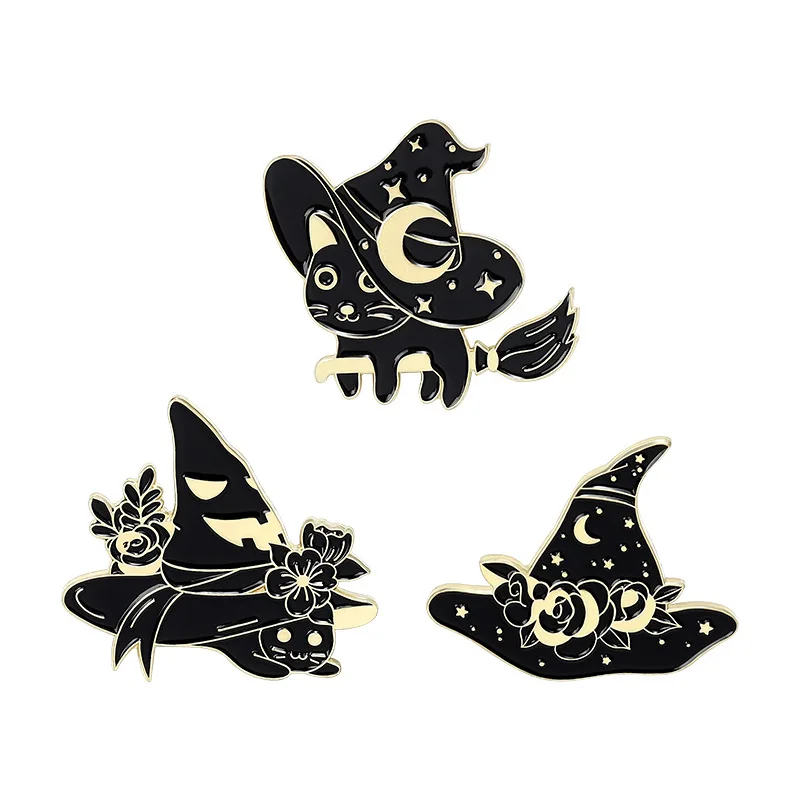 Creative Gothic Exclusive Black Cat Wizard Hat Chestpin Dark Animal Badge Backpack Clothing Flip Collar Pin Gift Wholesale