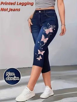 Women High Waist Slim Fit Floral Print Fake Denim 7/8 Cropped Capri Pants, Suitable For Daily Casual & Sports Wear 1