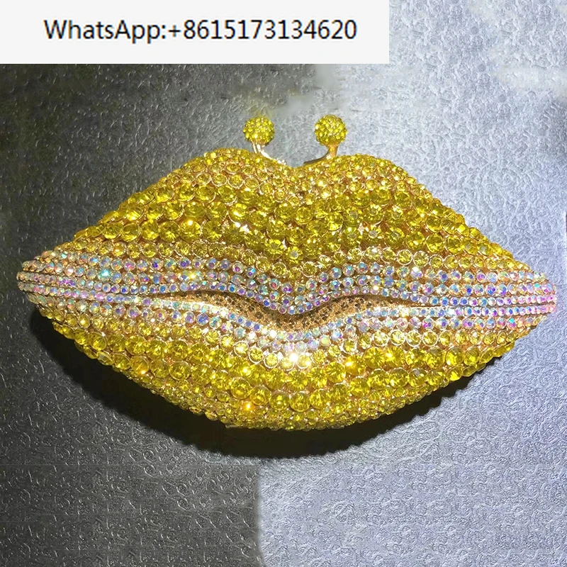 

New Arrival Mouth Crystal Evening Bag Yellow/AB Diamond Wedding Bridal Clutches Purses Women’s Rhinestone Mini Minaudier Handbag