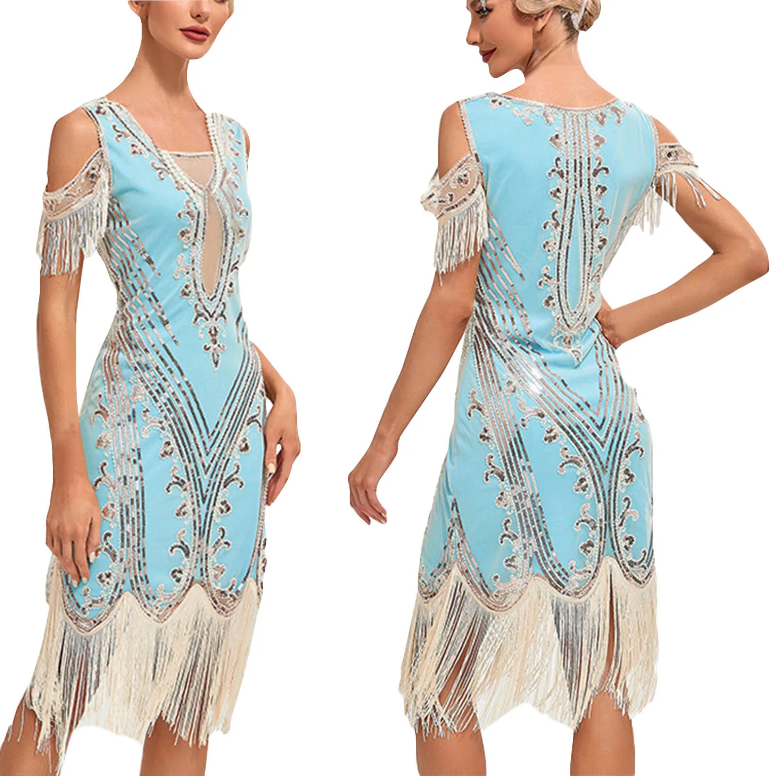 

1920s Vintage Flapper Great Gatsby Party Dress V-neck Sleeveless Sequin Beaded Style Style Tassel Flapper Vestidos Feminina 1920