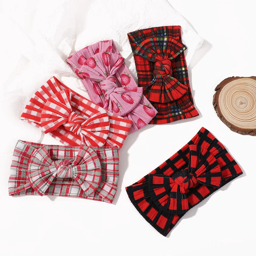 1pcs 5colors Amazon's new red plaid baby soft elastic headband fabric baby bow headband Hair Accessories 4