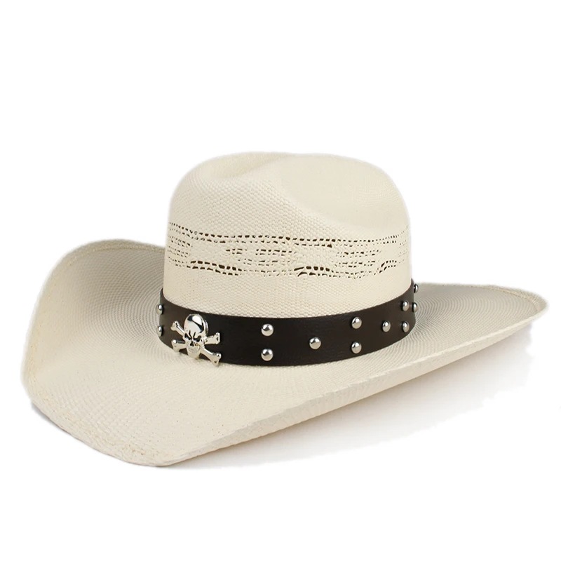 

Retro Skull Head Hollow-out Yellowstone Hard Straw Beach American Western Wide Brim Cowboy & Cowgirl Sun Hat Pinch Front 55-61cm