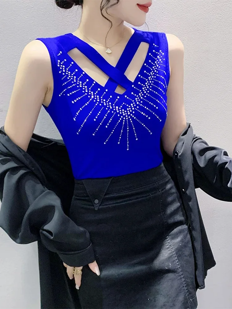 

Winsleter Summer Streetwear Tank Tops Sleeveless Tees Ladies Sexy Shiny Drilling 2 Layer Mesh Slim Vests New 2023 T36910JM