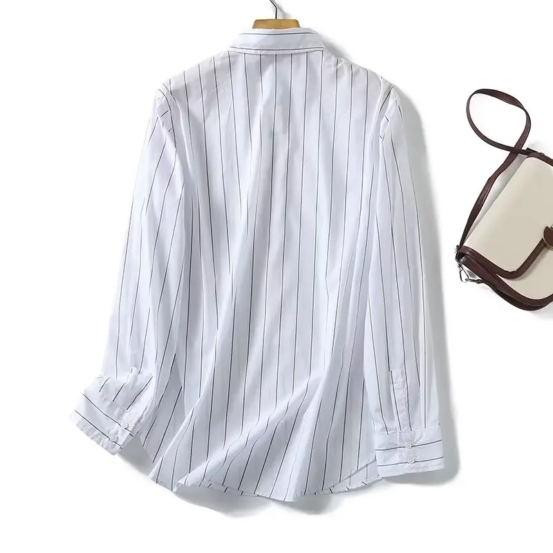 Withered Fashion Simple French Country Style Lazy Striped Shirt Cotton Casual Long Sleeve Shirt for Women