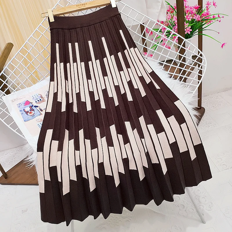 

Autumn and Winter Women's High Waist Pleated Skirt Temperament Knitted Half Skirt Mid length Large Swing A-line Umbrella Skirt
