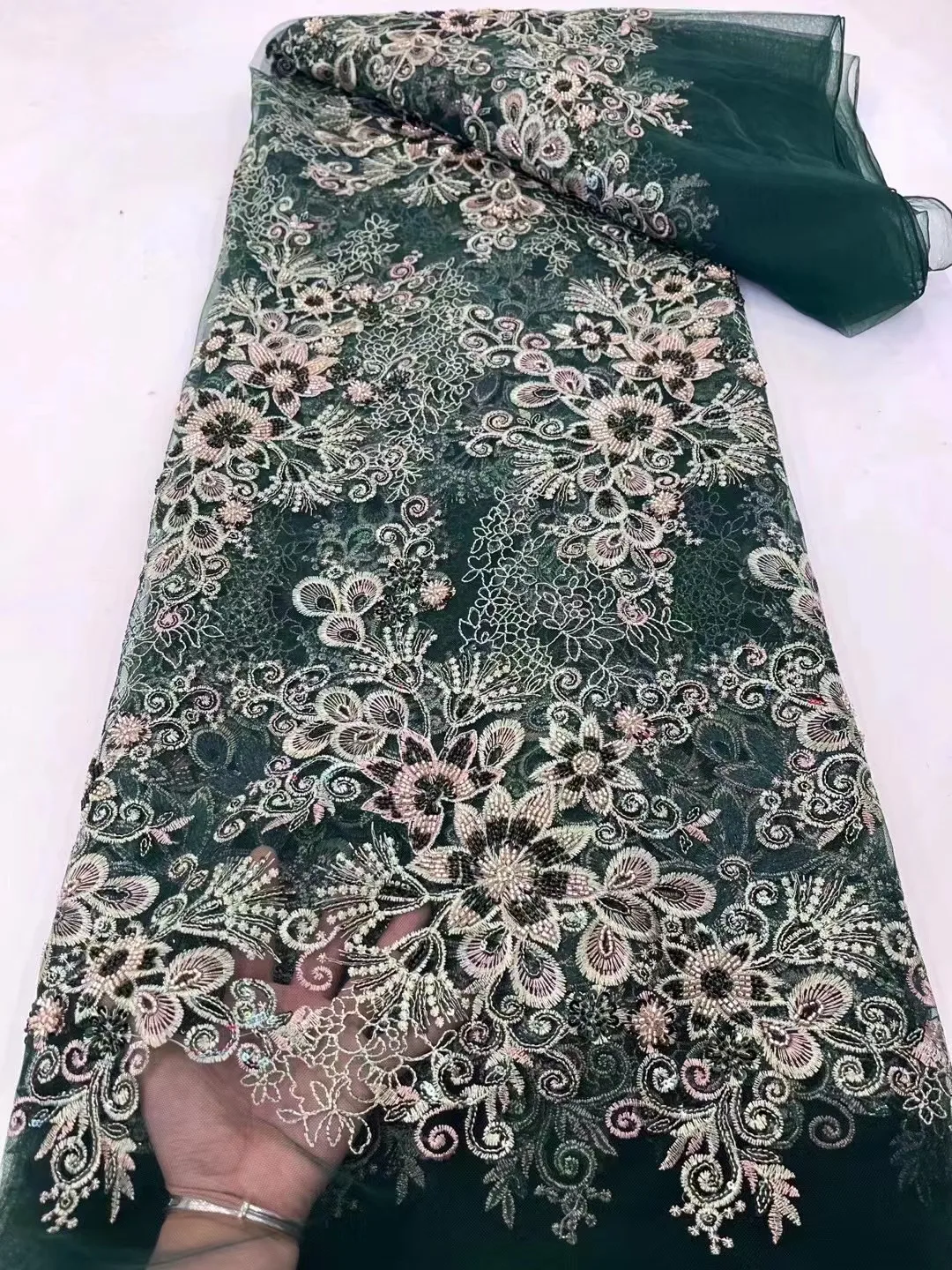 

5 Yards African Luxury Bead Tube Embroidered Green Fabric 2023 High Quality French Sequin Lace Tulle Fabric For Dress Sew