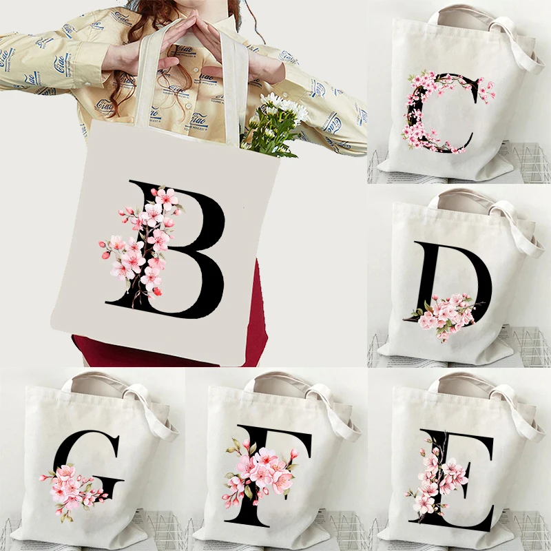 

Women Sakura Tote Bag Canvas Large Capacity Floral Alphabet Handbag Convenient Practical Unisex Shoulder Bag Female Commuter Bag