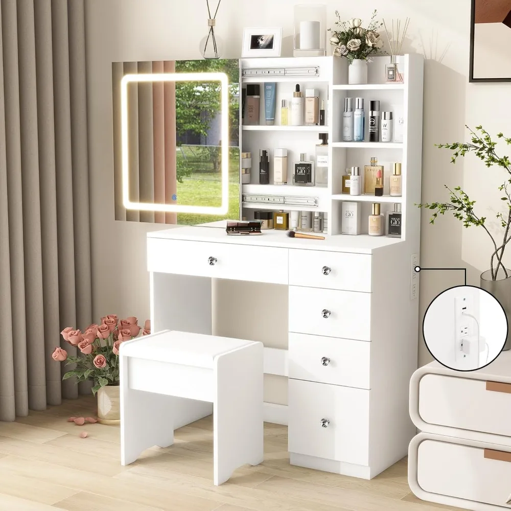 Vanity Desk Sliding Mirror and LED Lights & Charging Station, 35.4" White Vanity Table Set 5 Drawers & 7 Shelves,3 Light Modes