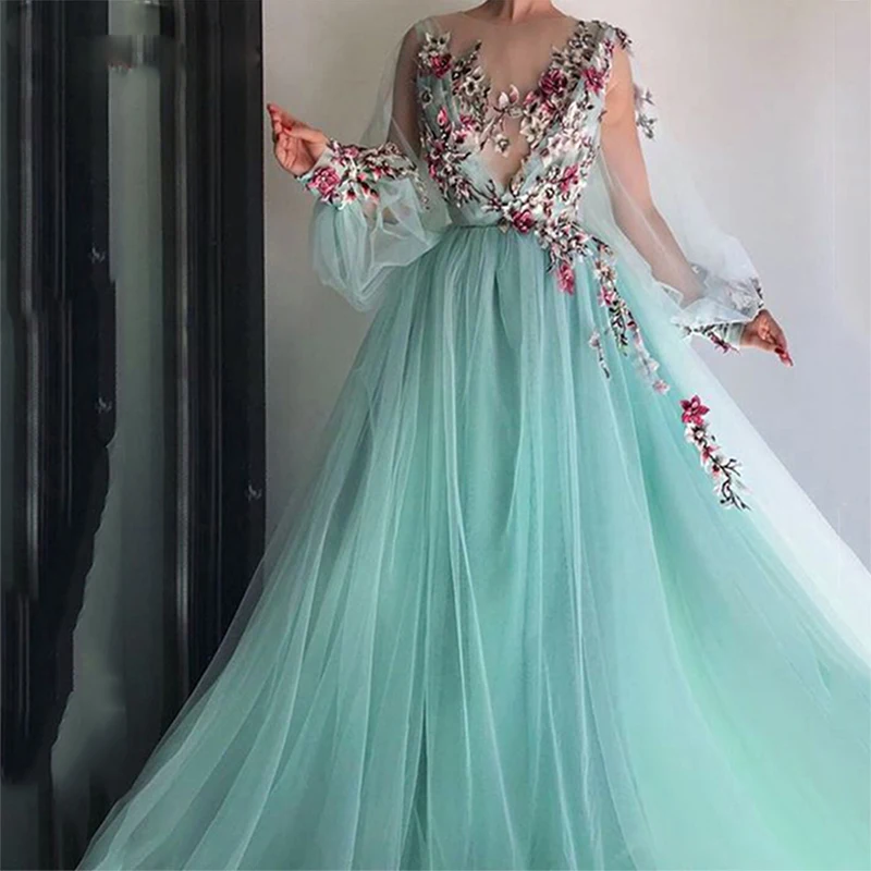 evening dresses for women 2022 3D Flowers Long Sleeve Tulle Green Fairy Prom Gown Celebrity Party Dress for Teens long sleeve maxi dress formal