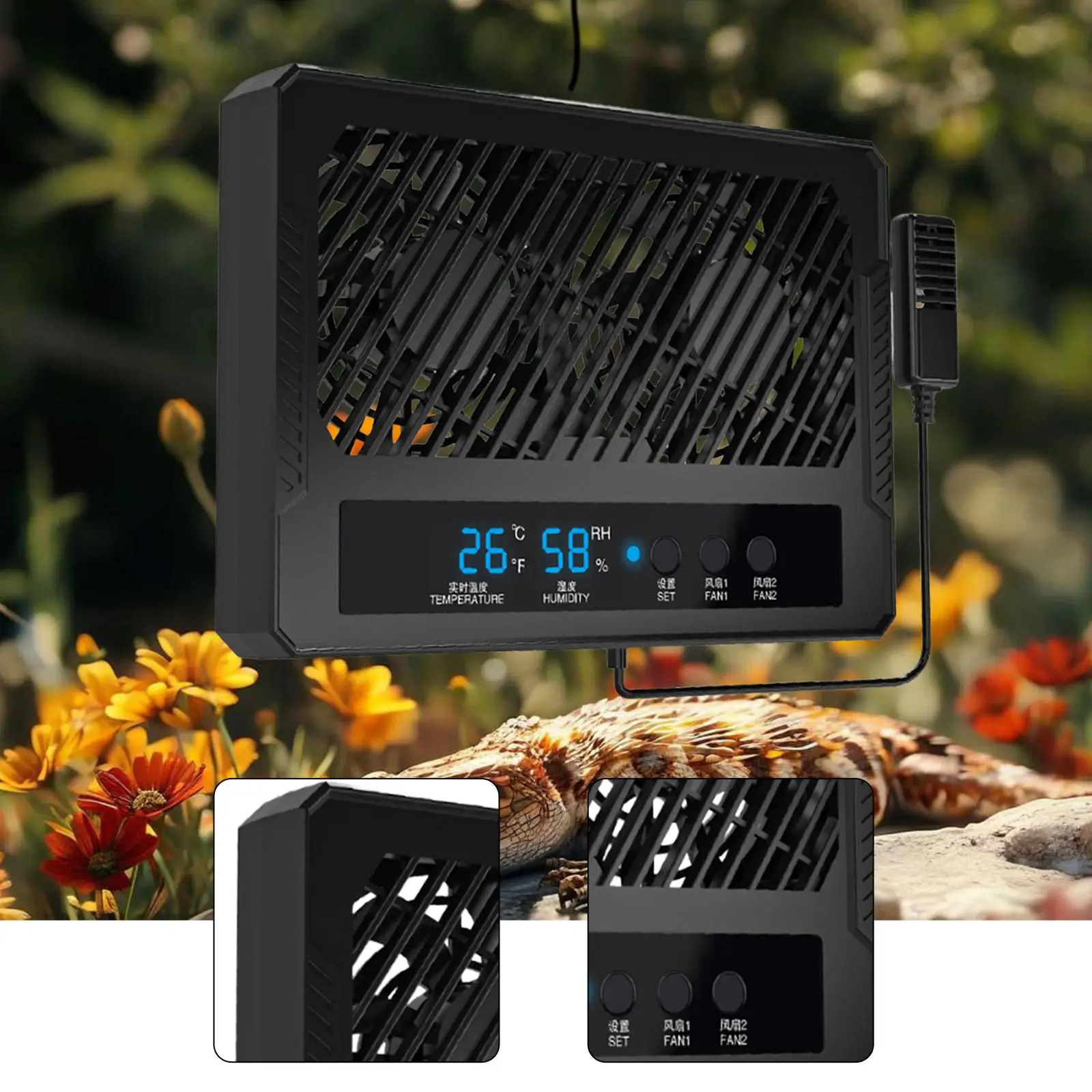 Reptile Fan Thermometer Hygrometer Temperature and Humidity Meter Humidity Controller Dehumidifier for Snake Tortoise Gecko