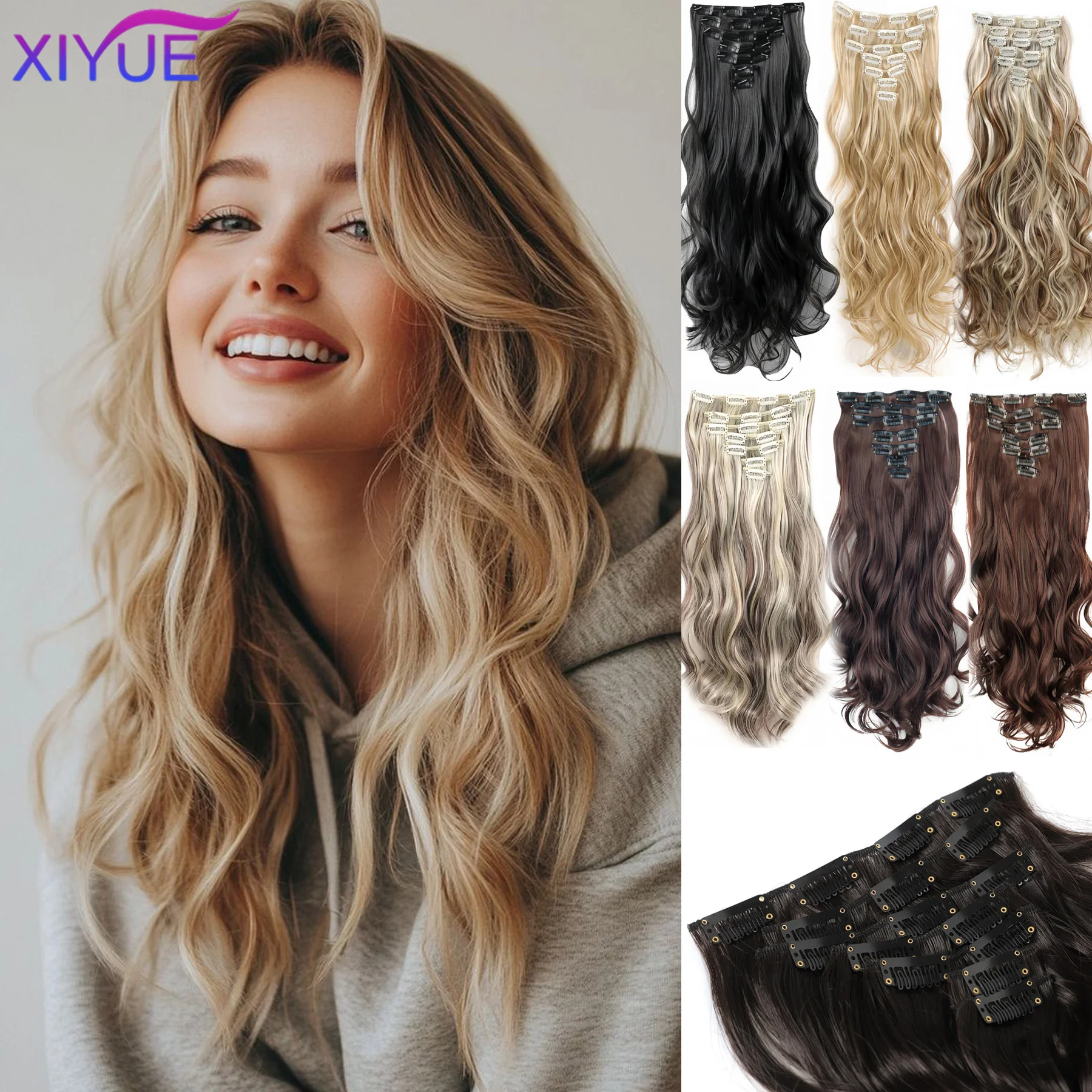 7Pcs/Set 16 Clips Hair Extension Black Long curly hair Natural Hair Ombre Hairpiece Heat Resistant Fiber For Women Hairstyle