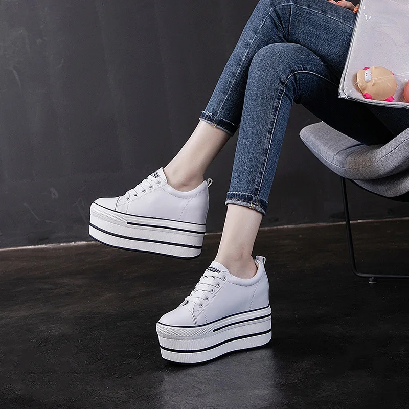

Real Leather White Shoes 10cm High Heels Sport Shoes New Plataformas Hidden Wedge Sneakers Woman Spring Shoes Plataforma Mujer